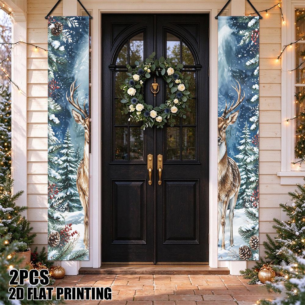 2D Flat, 2D Flat - 2D Door Banner 2D Flat, 2D Flat - 2D Door Banner 2D Flat Printing 2pcs Christmas Winter Forest Deer Door Banner Pair Decorative Cou