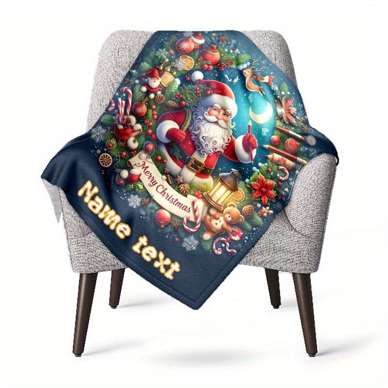 Santa Claus Christmas Customized Your Name Blanket Warm Comfortable Soft Blanket For Chair Office Sofa Bed Sofa Office Camping Suitable For Gifting