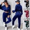 2024 Autumn/Winter Women's Fashion Casual Set: Golden Velvet Long Sleeve Top & Long Pants Two-Piece Set