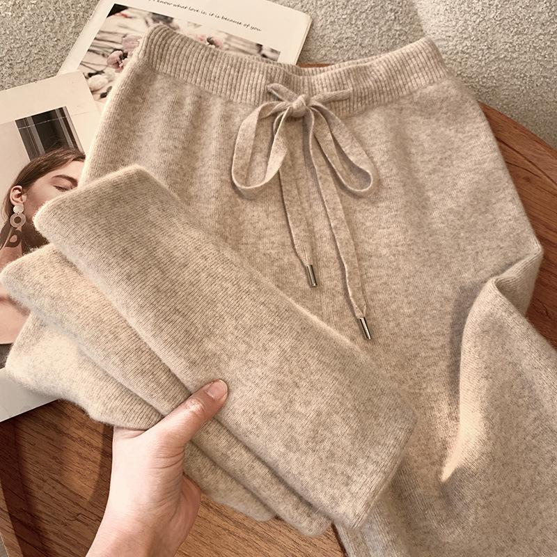 Australian First Shear Wool High-Waist Wide-Leg Women's Pants - Soft & Casual for Autumn and Winter.