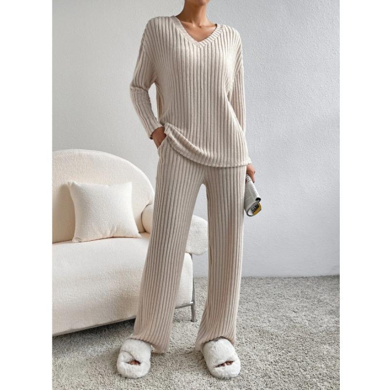 Autumn Fashion Casual Straight Leg Pants with Loose V-neck and Pit Stripe Knit Women's Two-piece Sets