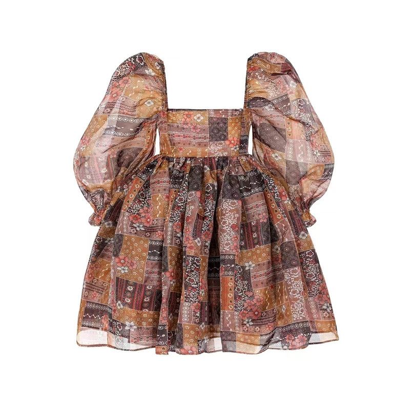 

Princess on the Run Brown Square High Waist Puff Puffy Skirt Brown Square Print(High quality) L