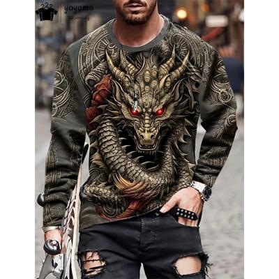 Camiseta gráfica de dragão, roupas masculinas, camiseta masculina, respirável, casual, masculina, manga comprida, camiseta de grife, tops, camisetas
