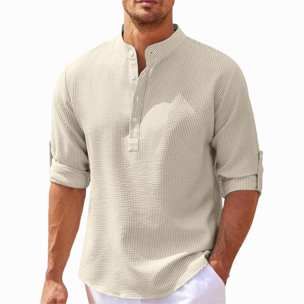 Men's Casual Long Sleeve Shirt Pullover Stand Collar Buttoned Henley Shirt Lightweight Relaxed Fit Top for Daily Wear