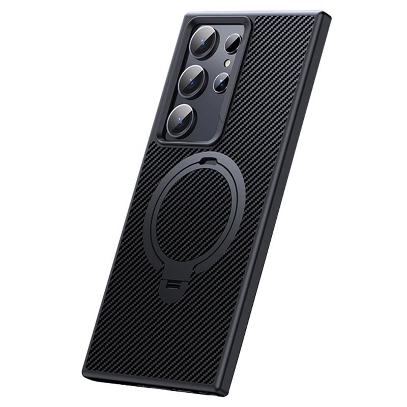 For Samsung Galaxy S24 Ultra Magnetic Case Carbon Fiber Texture Ring Kickstand Phone Cover