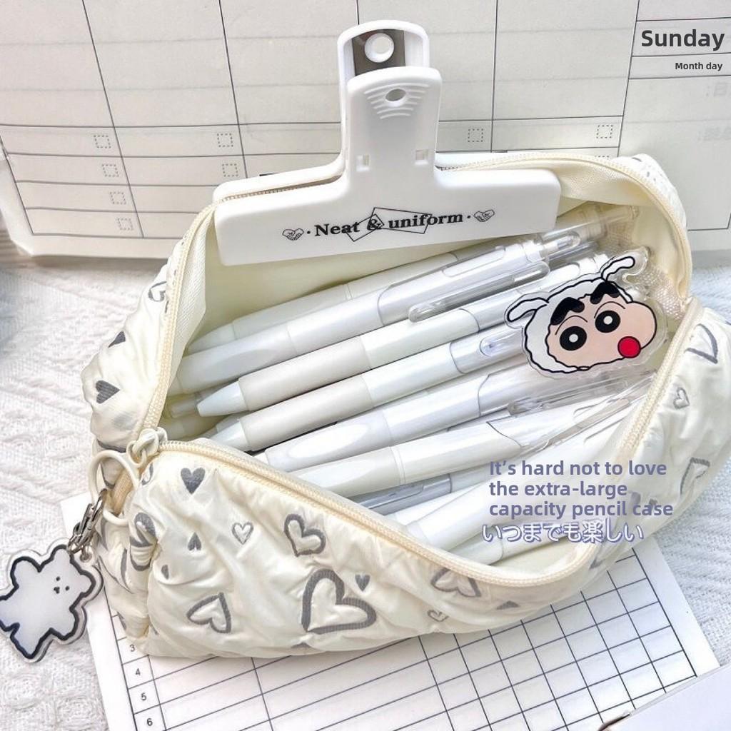 Korean Style Heart Embroidery Pencil Case With Polyester Material For Student Girls And Office Use