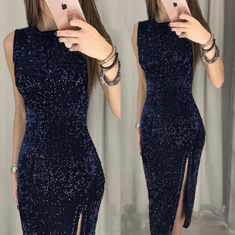 Sequin Shiny Women Long Sleeveless Bodycon Dress Evening Party Wedding Formal Hip Package