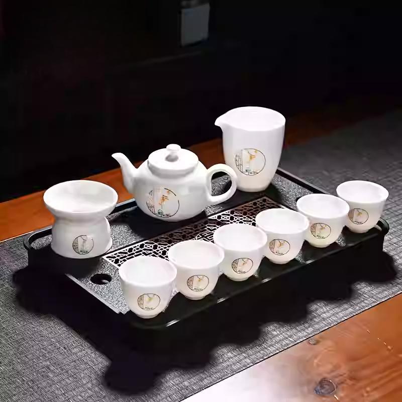 Goat Jade Tea Set Kung Fu Set Chinese Light Luxury Tea Calendars Teacups Office White Porcelain Teapot Covered Bowl Set