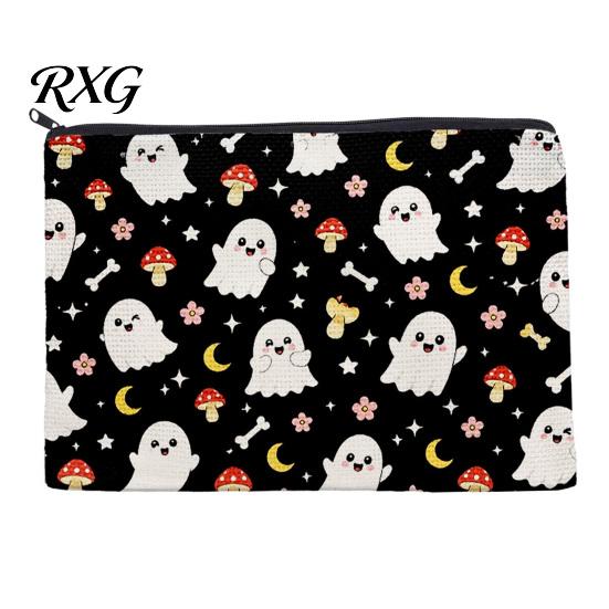 Washable Canvas Pencil Case Cosmetic Bag, Halloween Pattern Print Makeup Student Stationery Pouch Zipper Pouch, for Change Data Cable Storage