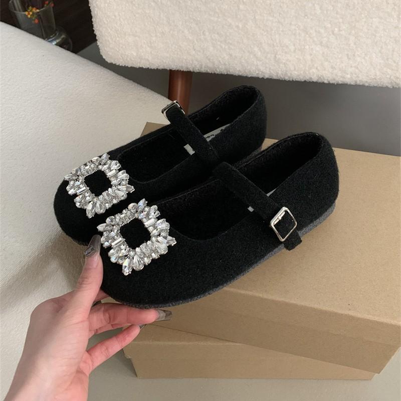 Suding Home! Flat Gray Felt Square Head Rhinestone Single Shoes Women's 2025 Autumn and Winter Plush Mary Jane Mao Shoes