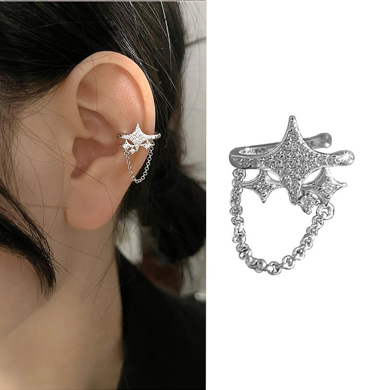 Shiny Cross Stars Tassel Clip Earrings Fake Piercing Ear Cuff Clip-On Earrings Without Hole Clips On Ears Earring Star Cartilage