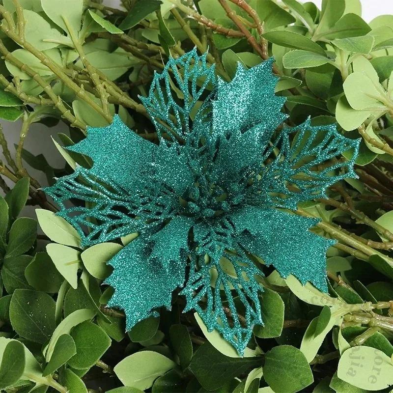 5Pcs Gold Christmas Sparkling Flowers Heads For Xmas Tree Hanging Ornament Home Room Decor Party DIY Wreath New Year 2025 Gifts