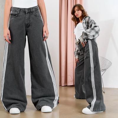 Dames Lente Nieuwe Street Strepen Splicing Botsing Jeans Mode Losse Wijde Pijpen Rechte Broek