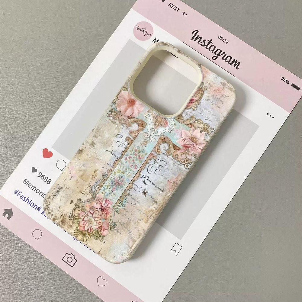 Vintage Floral Cross Phone Case For iPhone 17 16 15 14 13 12 11 Pro Max 17 Air Retro Shiny Glitter Soft TPU Back Cover Funda