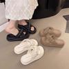 2025 Summer New Fashionable Rhinestone Pleated Cross with Slope Heel Sandals Thick-bottomed Versatile Slippers Popular Cool Slippers