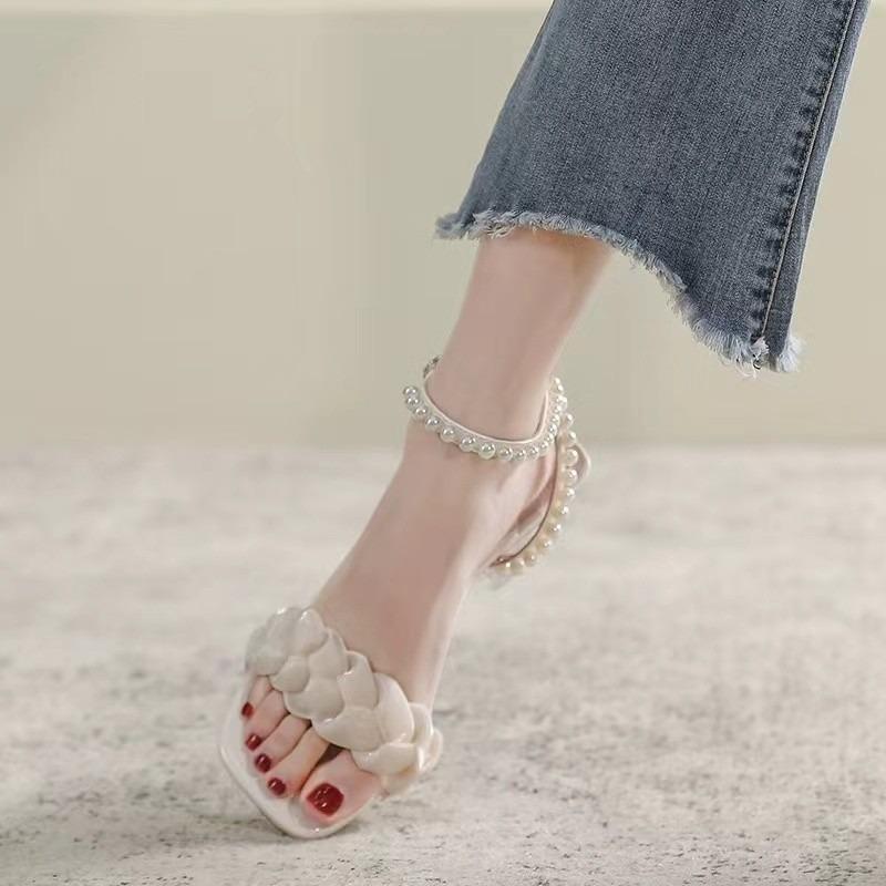 Fashion 2025 Summer Sandalias De Mujer French Temperament Crystal High Heels Sexy Chunky Pearls Comfort Banquet Shoes Zapatos De Mujer