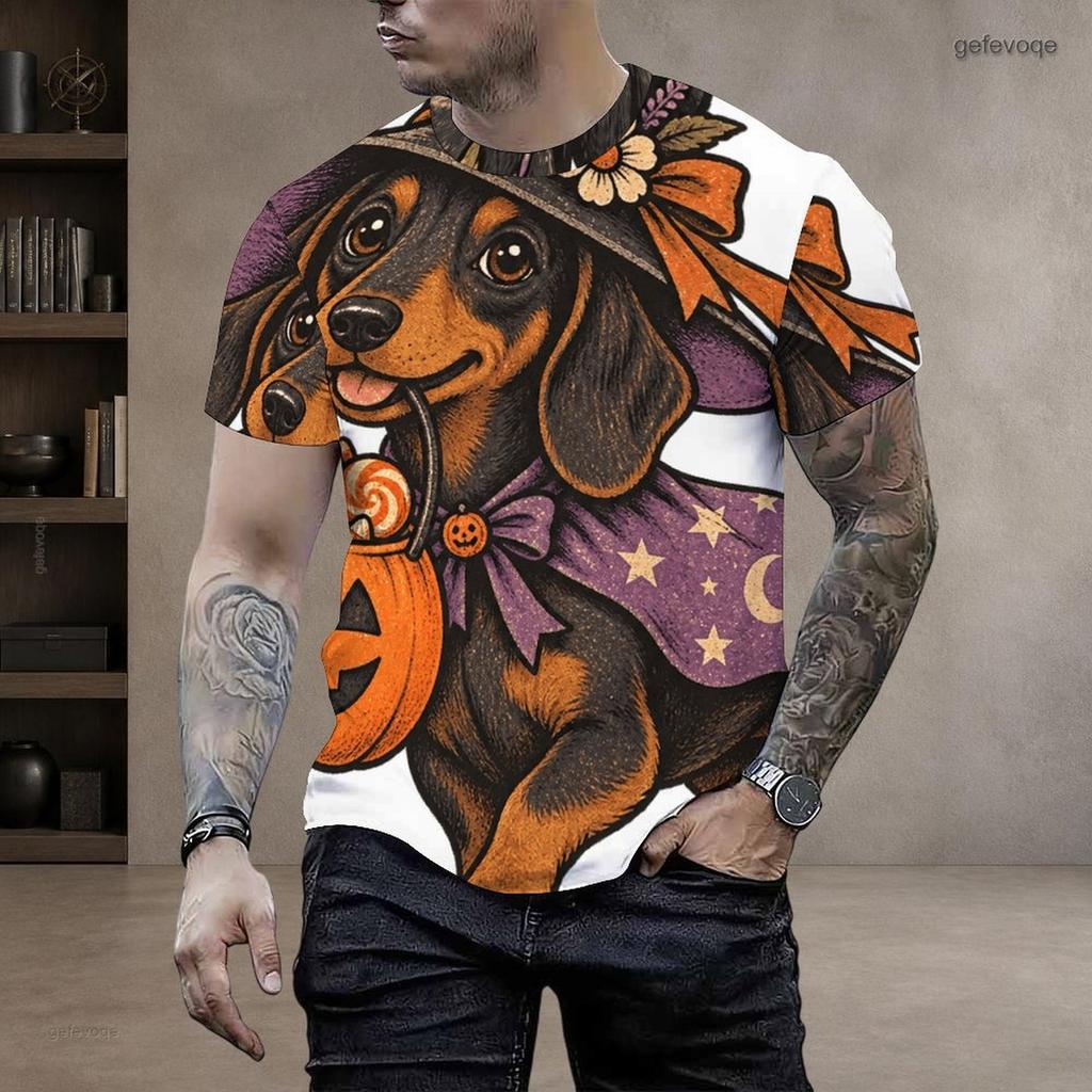 Men Plus Size Round Neck Short Sleeve T Shirt Halloween Black Cat Pumpkin Printed Pullover
