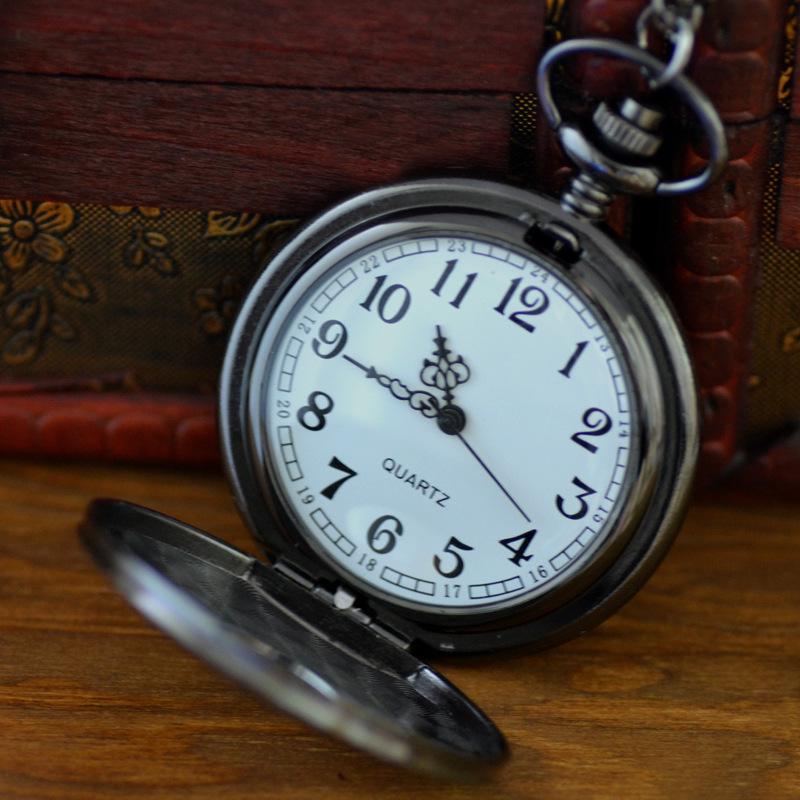 Black Retro Roman Numeral White Face Skeleton Pocket Watch 8171