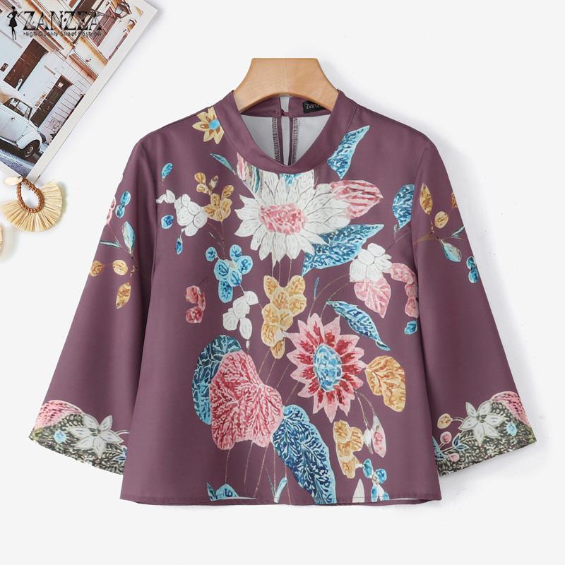 ZANZEA Women Casual Round Neck 3/4 Sleeve Loose Retro Print Blouse