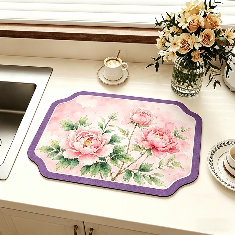 Chinese-Style Irregular Flower & Bird Diatom Mud Coffee Mat: Stain-Resistant, Easy-Clean, Non-Slip Kitchen Draining Mat