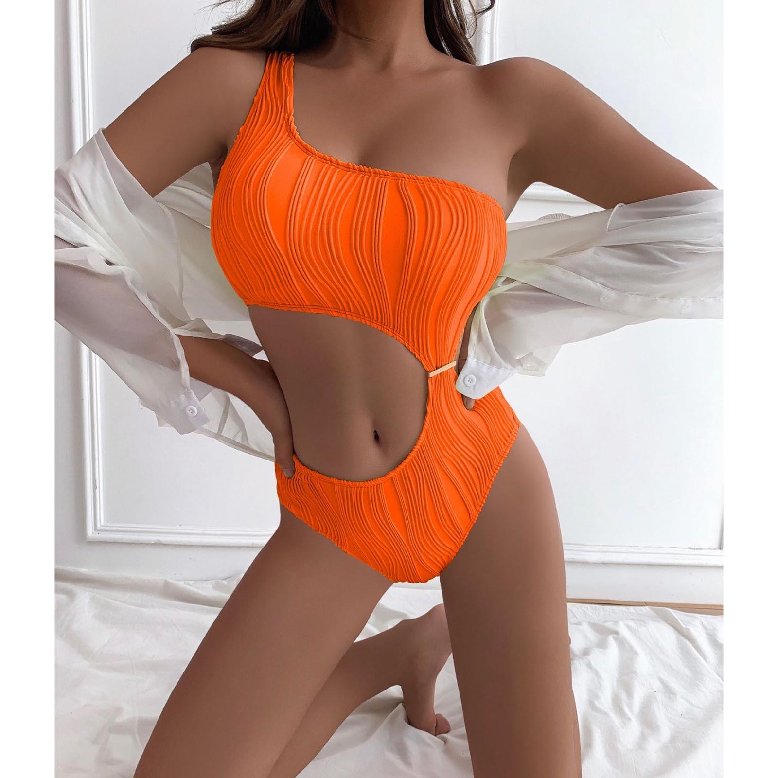

Женский цельный купальник, сексуальный сплошной цвет, текстурированная ткань, сексуальный купальник на одно плечо M оранжевый