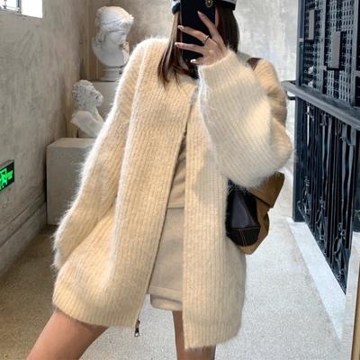 Crew Neck Zipper Thickened Knitted Cardigan Women's Autumn and Winter New Loose Lazy Sweater Jacket Women