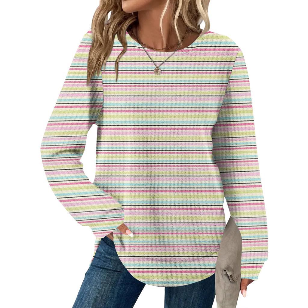 Damen Gestreiftes Druck Rundhals Langarm Locker Lässiges Oberteil