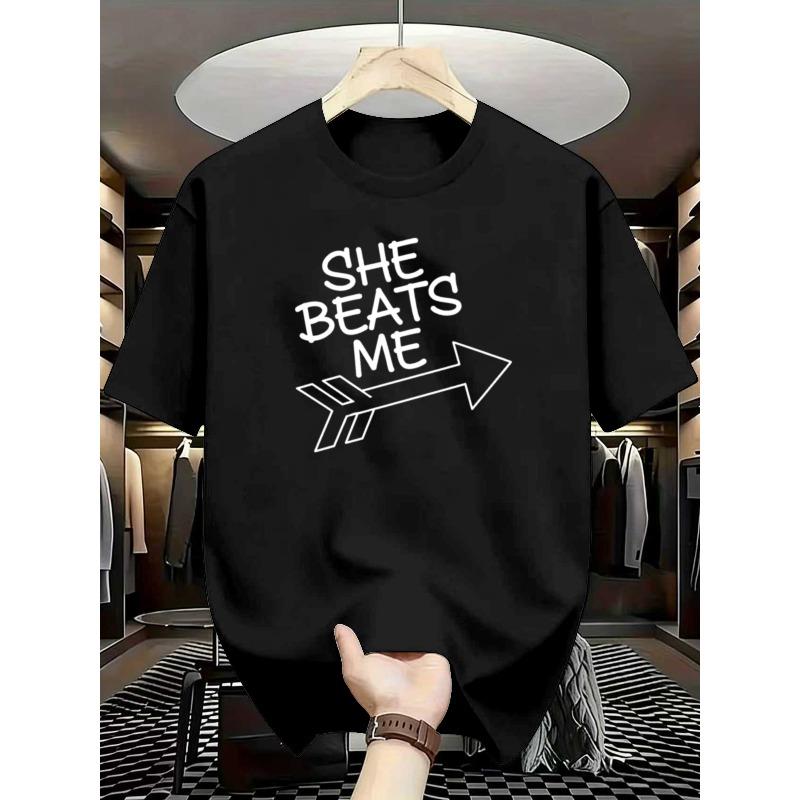 European sizes Men'S Casual Short-Sleeve T-Shirt | She Beats Me Humor Design - Breathable Summer T-Shirt, Machine Washable, Regular Fit