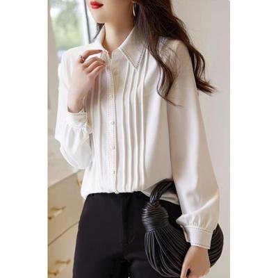 Weißes vertikal gestreiftes, plissiertes Langarmshirt für Damen, lockeres Temperament, schlichtes Design, Nischenshirt-Oberteil für Damen