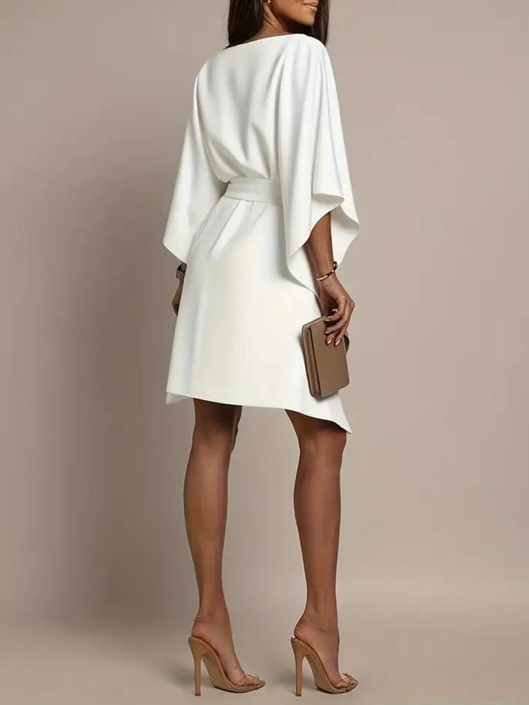 White Batwing Sleeve Lace-up Dress - European & American Style, Casual, Loose Fit, Short Skirt for Women (2026)