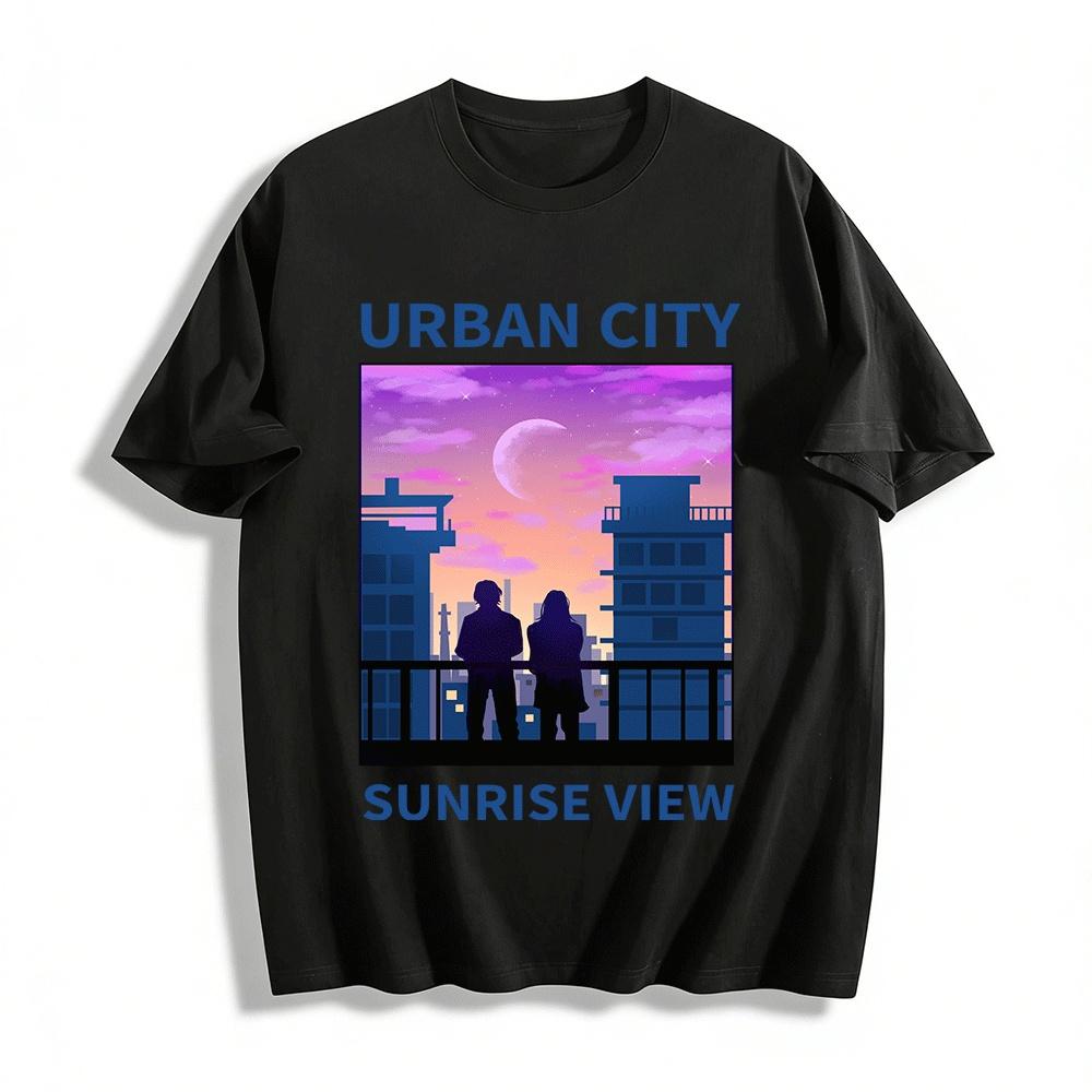 

Urban City Sunrise View Couple Silhouette Graphic Print Tee Pure cotton T-shirt XXS
