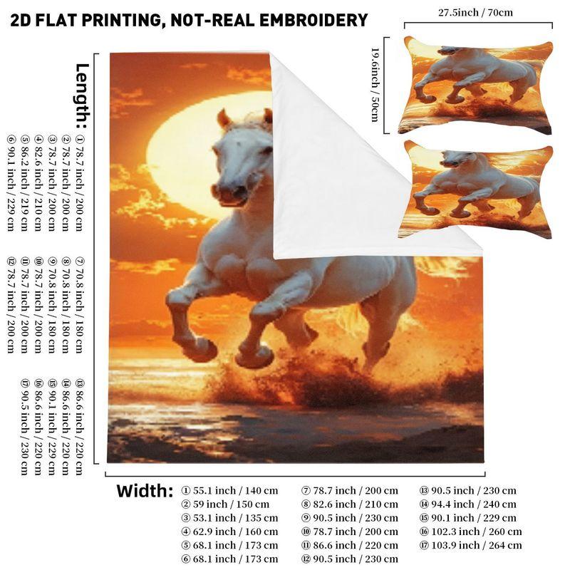 Printed Quilt Cover, Pillowcase, Three-Piece Set, White Horse Sunset Beach Galloping Pattern, Bedding Set 140cmx200cm