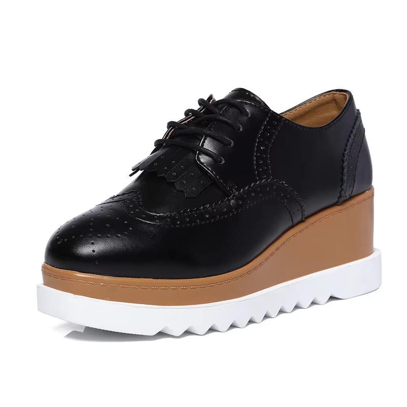 Women's Oxford Flats - Genuine Leather Wingtips Lace-Up Comfort Brogue Derby Patent Platform Casual Shoes for Spring Autumn