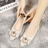 2025 Spring New Korean Version Flat Shoes Pointed Head Shallow Mouth Pearl Round Buckle Single Shoes Plaid Women's Shoes