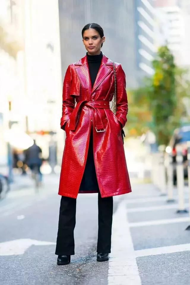 Lambskin Handmade Long Party Stylish Women Red Trench Coat  Leather Genuine