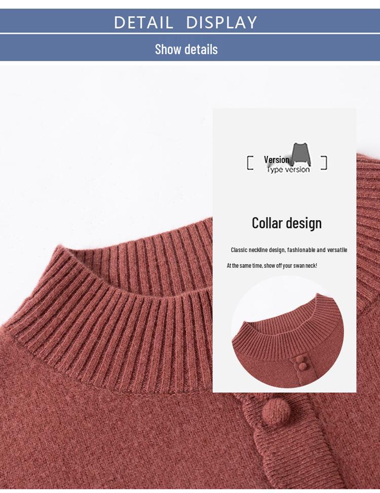 Petite Women's Autumn Winter Pure Wool Knit Sweater - Half-High Neck Base Layer for Middle-aged Moms