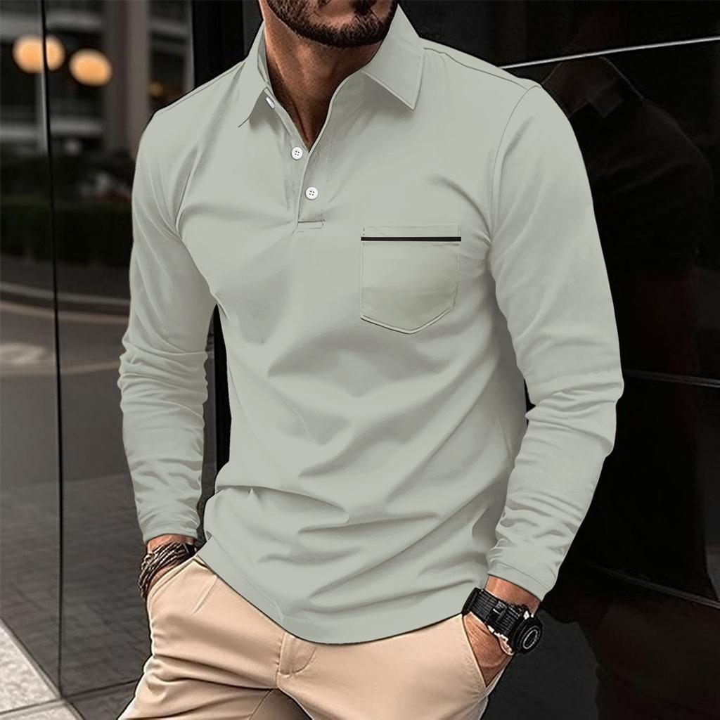 Vår Høst Mann Langermet POLO skjorte Lapel Lomme Sports Polo skjorter for menn