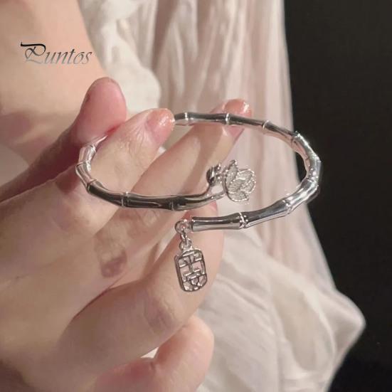 Flower Decor Women Bangle Chinese Character Pendant Adjustable Bamboo Shape Open Bracelet Jewelry Accessories