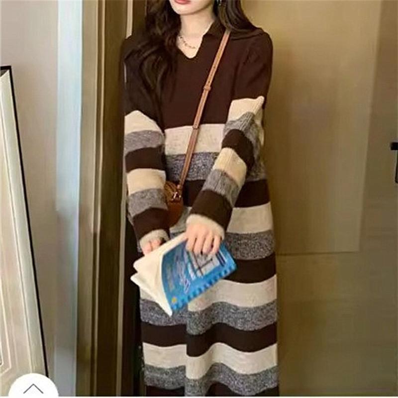 Long Autumn and Winter Knitted Large-size Dress Sweater New Striped Fashion Temperament Loose and Thin Bottom Skirt