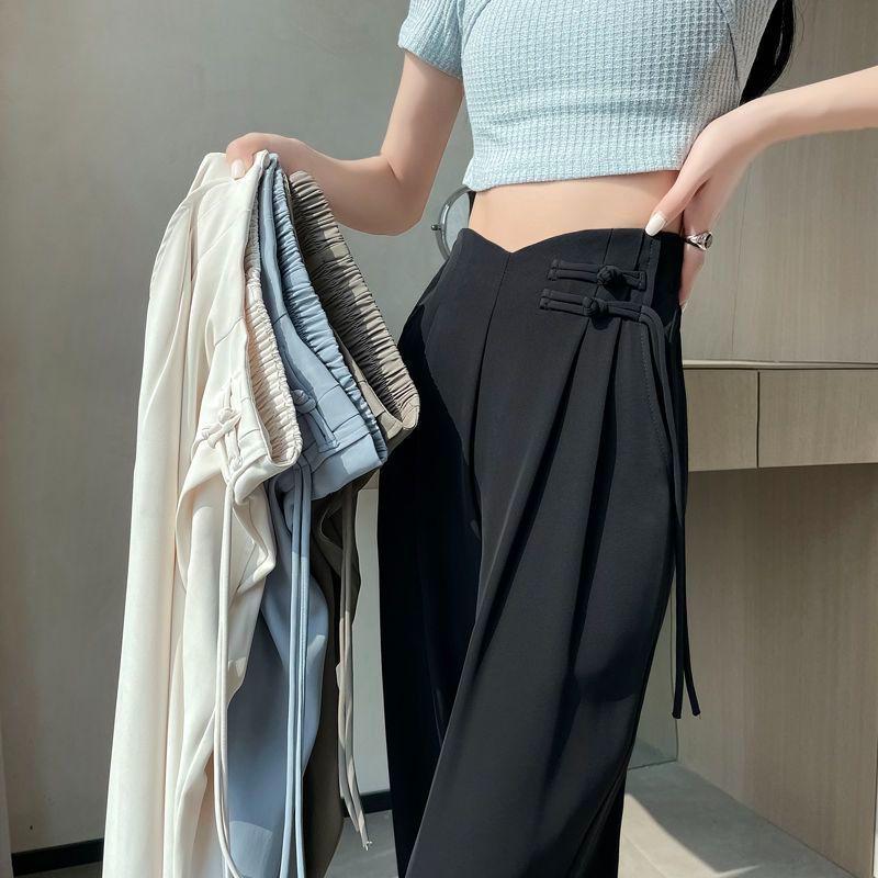 New Chinese Style 2025 Spring/Summer Women's High Waist Plus Size Wide-Leg Pants with Frog Buttons