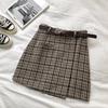 Frauen Unregelmäßige Woolen Rock Herbst Winter Frauen Hohe Taille A-linie Mini Rock Plaid Rock Mit Schärpen