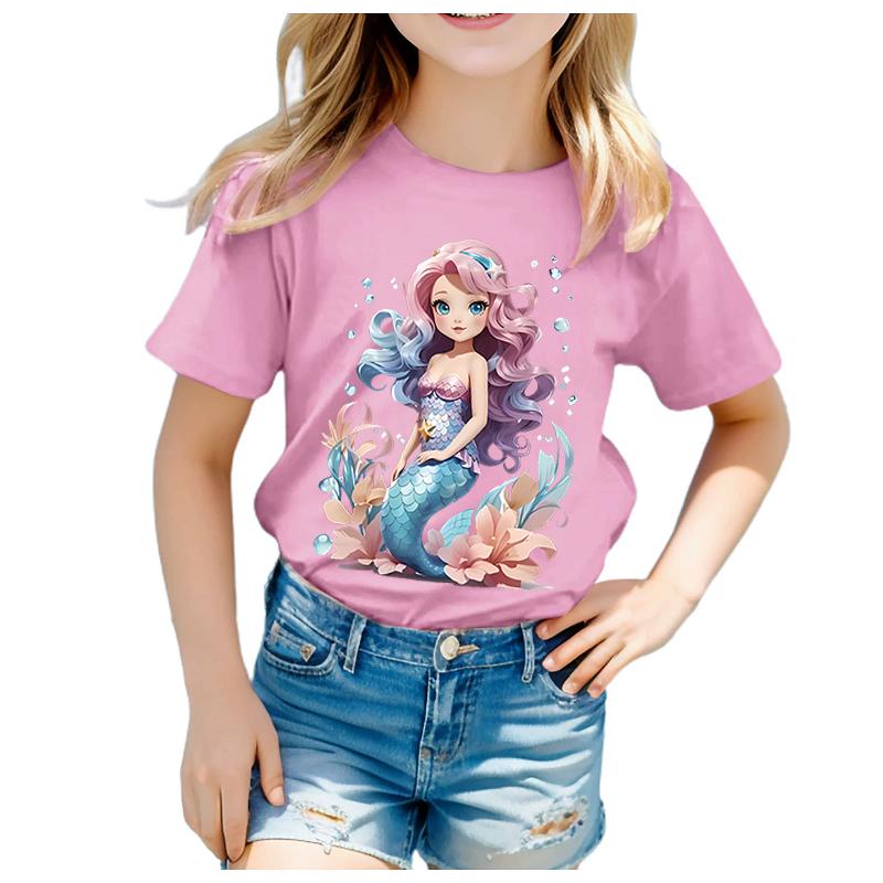 Girls Adorable Mermaid Princess Print Tshirt Summer CrewNeck ShortSleeved Soft Polyester Fabric Kids Top Clothing