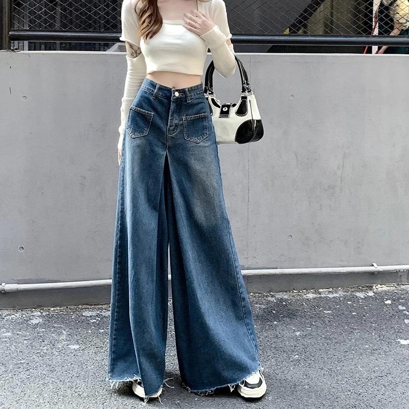 Woman High Waist Vintage Designer Wide Leg Jeans Female Gothic Loose Straight Leg Pants Girls Blue Light Blue Denim Trousers