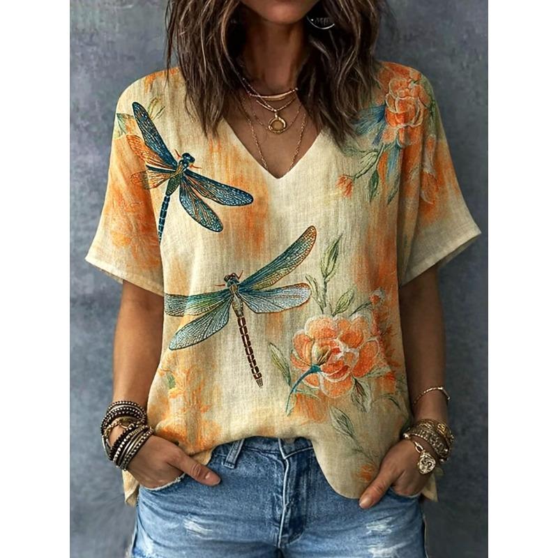 

Women s Vintage Abstract Geometry Graphic V Neck T Shirt, Short Sleeve Regular Tops, Daily Going Out Look for Spring & Summer S