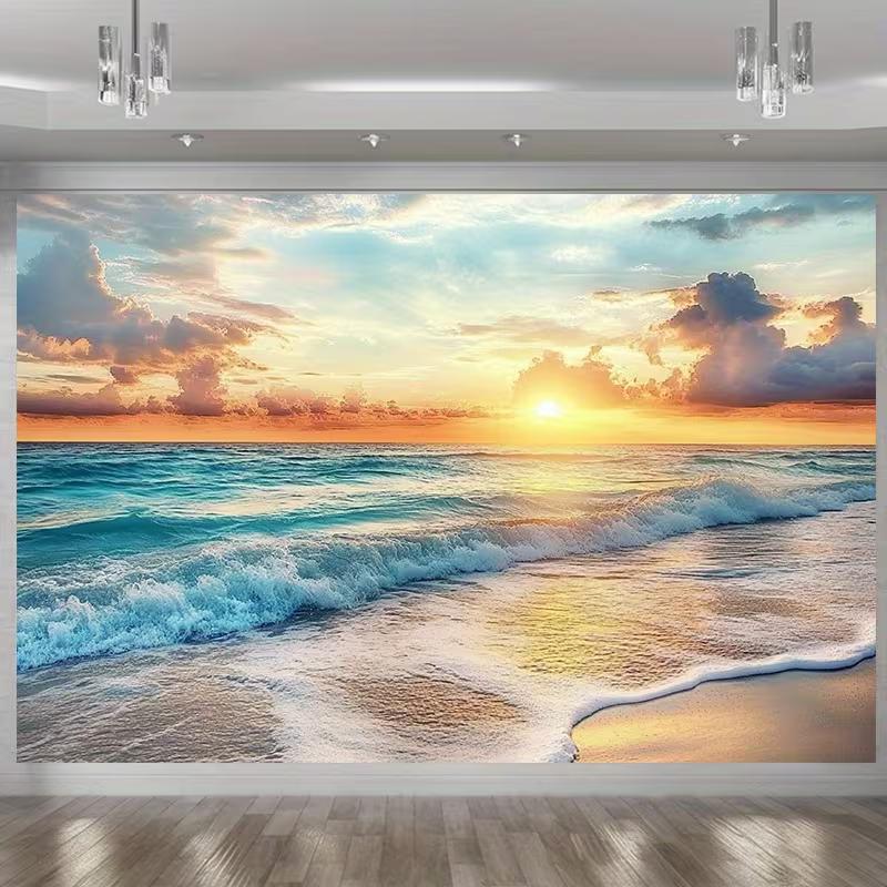 2D Coastal Sunset Tapestry, Ocean Wave & Cloudy Sky for Bedroom 47.2x31.5inch/120*80cm