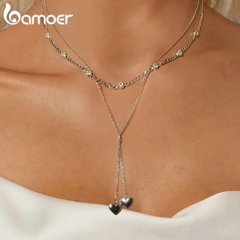BAMOER 925 Sterling Silber Schmuck Doppellagiger Liebesherz-Halskettenanhänger Weißgold vergoldet zierlicher Halsreif für Frauen Mädchen