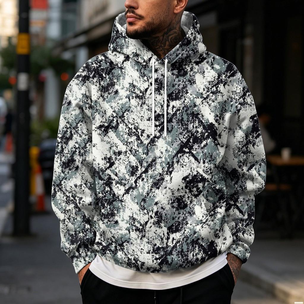 Men's Casual Hoodie with Retro Patchwork Print and Single Pocket