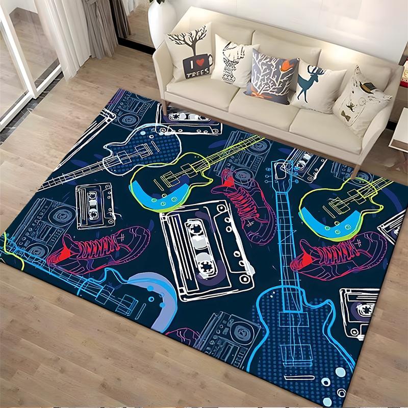 Music-Themed Carpet with Guitars, Cassette Tapes, and Sneakers Design Suitable for Use As an Anti-slip for Living Room Bedroom Sofas