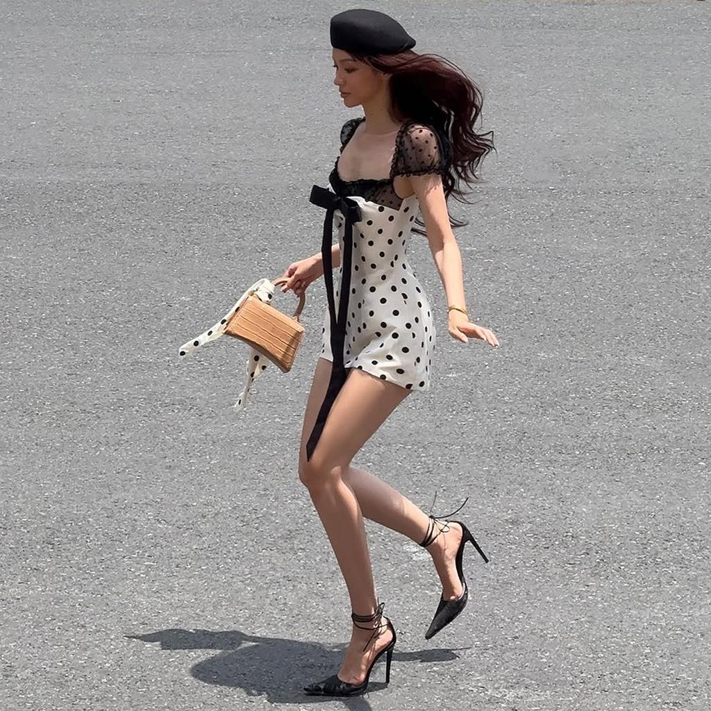 2026 European and American summer new Spice Girl polka dot design pure desire bow waist slim trend short skirt women