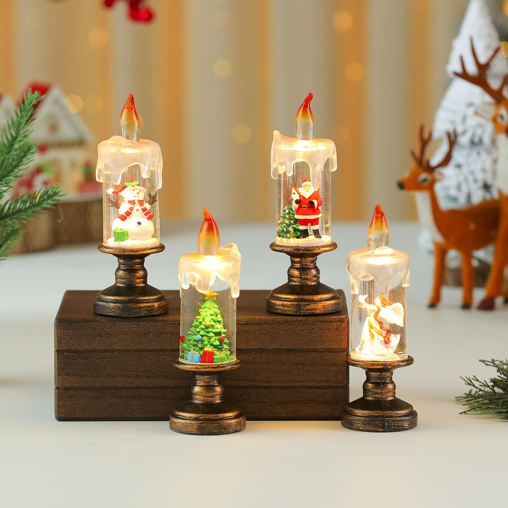Christmas Snowman Santa Claus Snowflake Candle Light With Falling Snow Effect